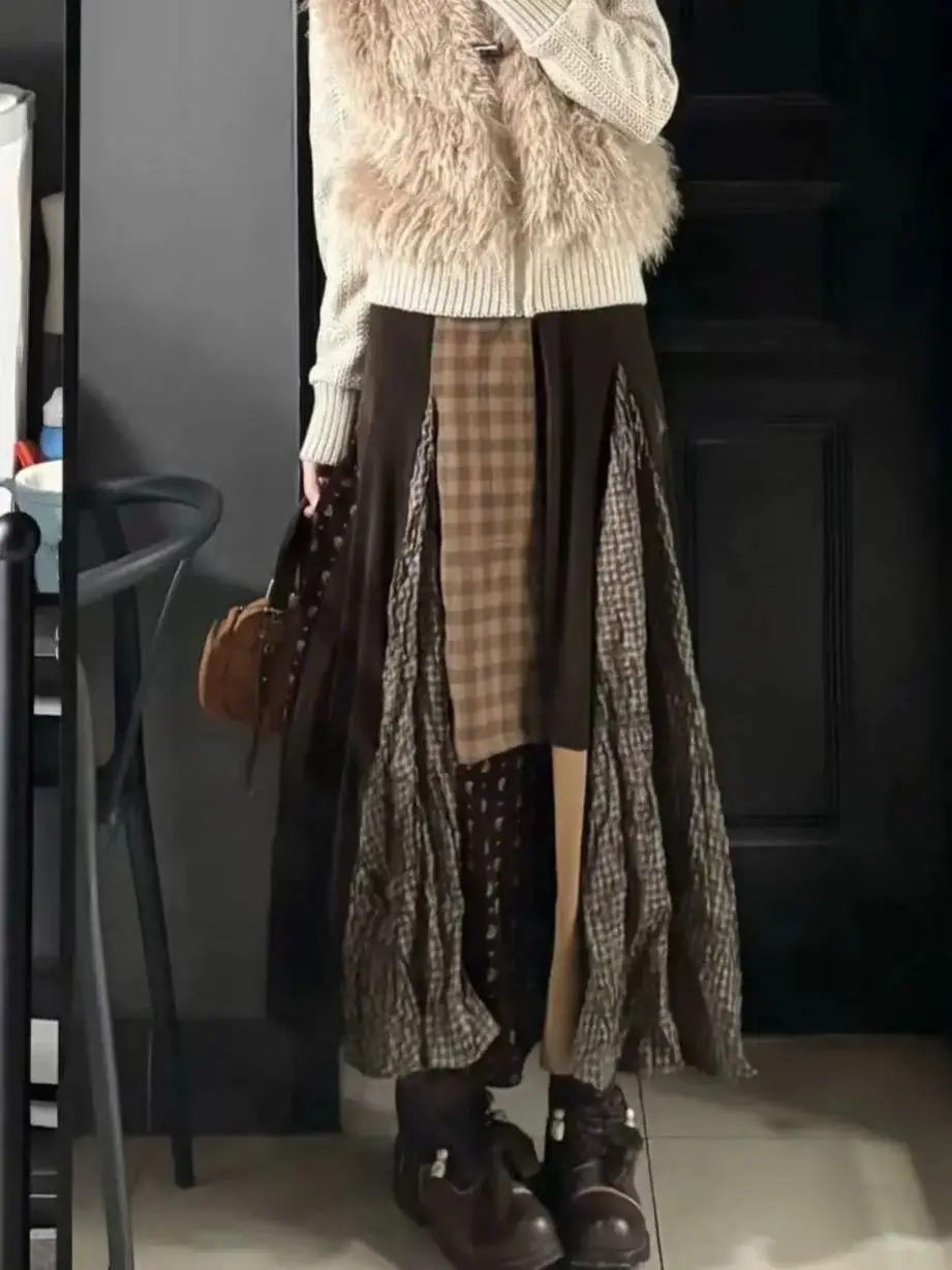 

Vintage Patchwork Big Swing Long Skirts for Women Autumn Winter Trend New 2025 Skirt Female Clothing Ladies Elegant faldas