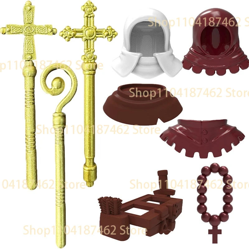 Image of MOC Mittelalterliche Bausteine Priesterhut Umhang Scepter Dekorative Perlen Historische Figur Zubehör Kreative DIY Bausteine Spielzeug Geschenke