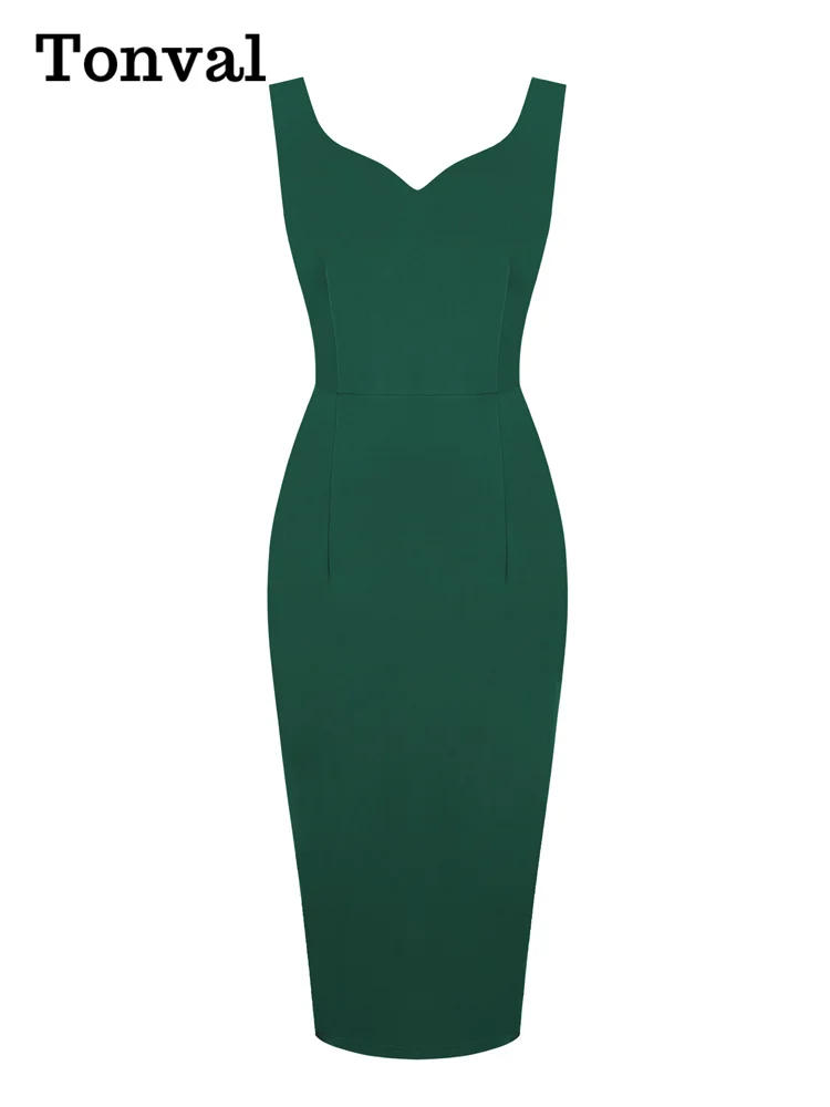 Tonval Sweetheart Neck Sleeveless Office Midi Pencil Dresses for Women 2023 Vintage Red Solid Elegant Slim Bodycon Dress