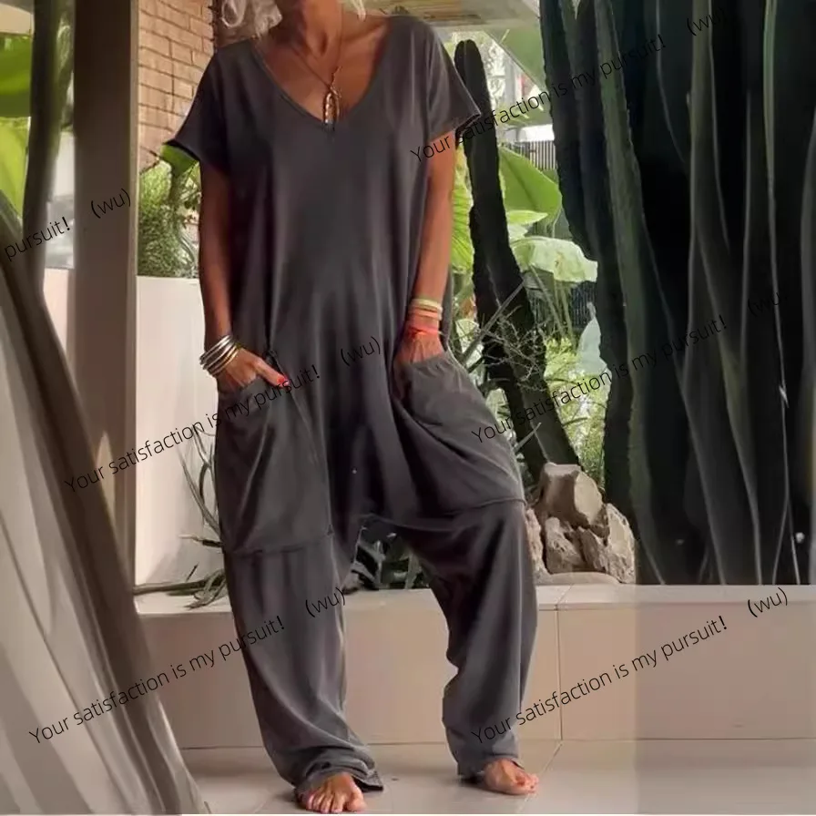 欧米風夏レディース服人気無地Vネックオーバーサイズポケットジャンプスーツ