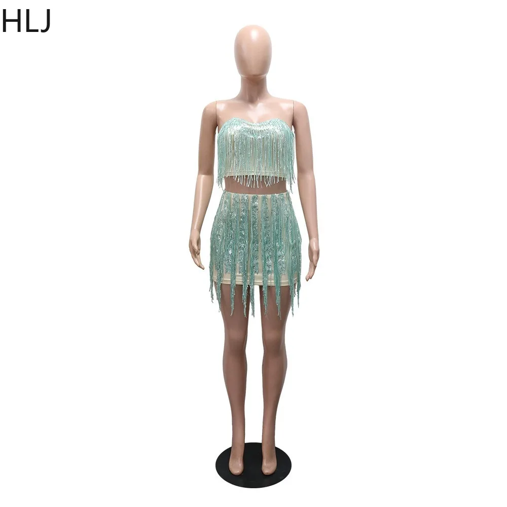 HLJ Fashion Tassel Patchwork Two Piece Outfits Woman Sleeveless Backless Crop Top and Skirt Matching Female Streetwear Clothing