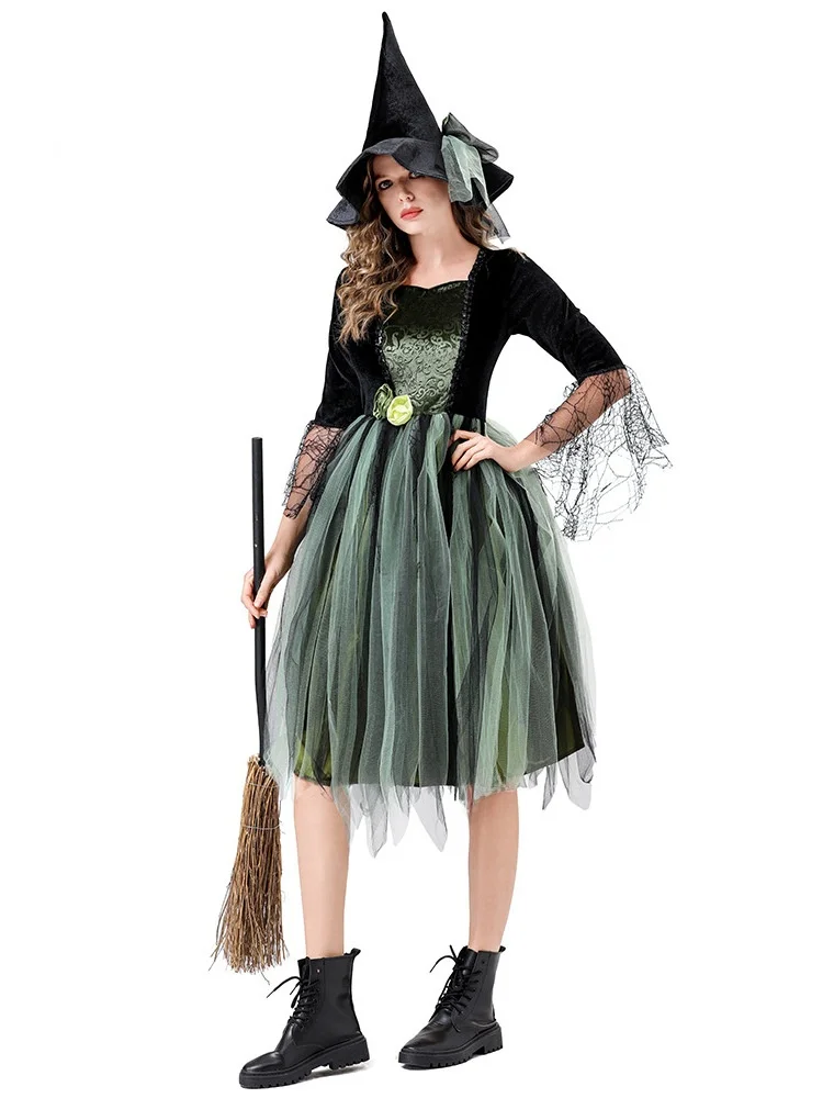 

2025 Halloween Green Wild Goose Chase Party Adult Costume Stage Performance Witch Role-playing Clothing Women's Traditionalwear