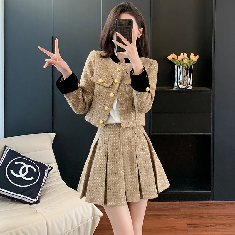 Fashion Two Pieces Autumn Sets Chic Long Sleeve Stand Jacket + High Waist Pleats Skirt 2023 New 2 Piece Sets Womens Outifits