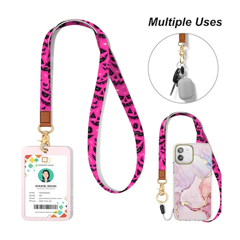1 Piece Spooky Halloween Phone Lanyard Creepy Patterned ID Card Holder for Work/School Horror Theme Badge Neck Strap Lanyard