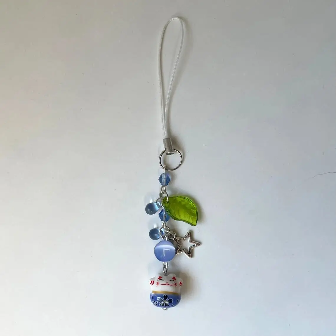 Handmade Blue Lucky Cat Phone Charm Leaf Design Cat Charm Phone Accessories Unique Blue Lucky Cat Keychain for Mobile Phone