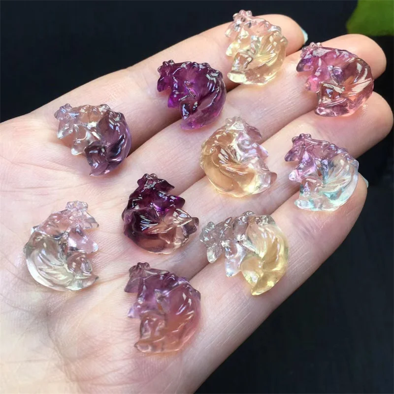 10PCS Natural Fluorite Moon Fox Jewelry Making For Pendant Earring Crystal Carved Animal DIY Accessories 17.5MM