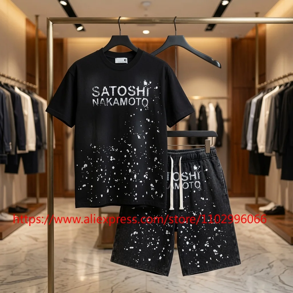 2026 New Vintage Satoshi Nakamoto Short Sleeve T Shirt Oversized Washed  Black Tee Men's Clothing Set