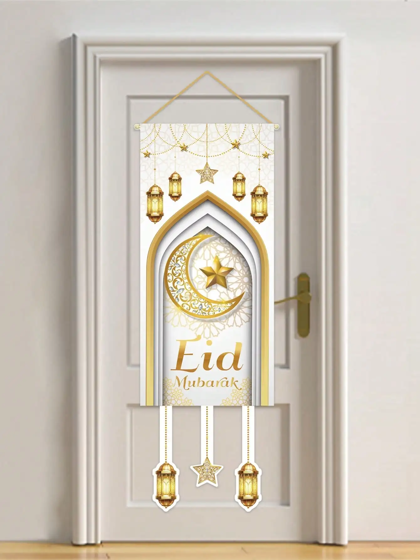 1Pc Eid Mubarak Decoration Door Hanging Gold Star Moon Lantern Door Hanging Muslim Festival Party Decoration Curtain Home Doorway Decoration Cloth