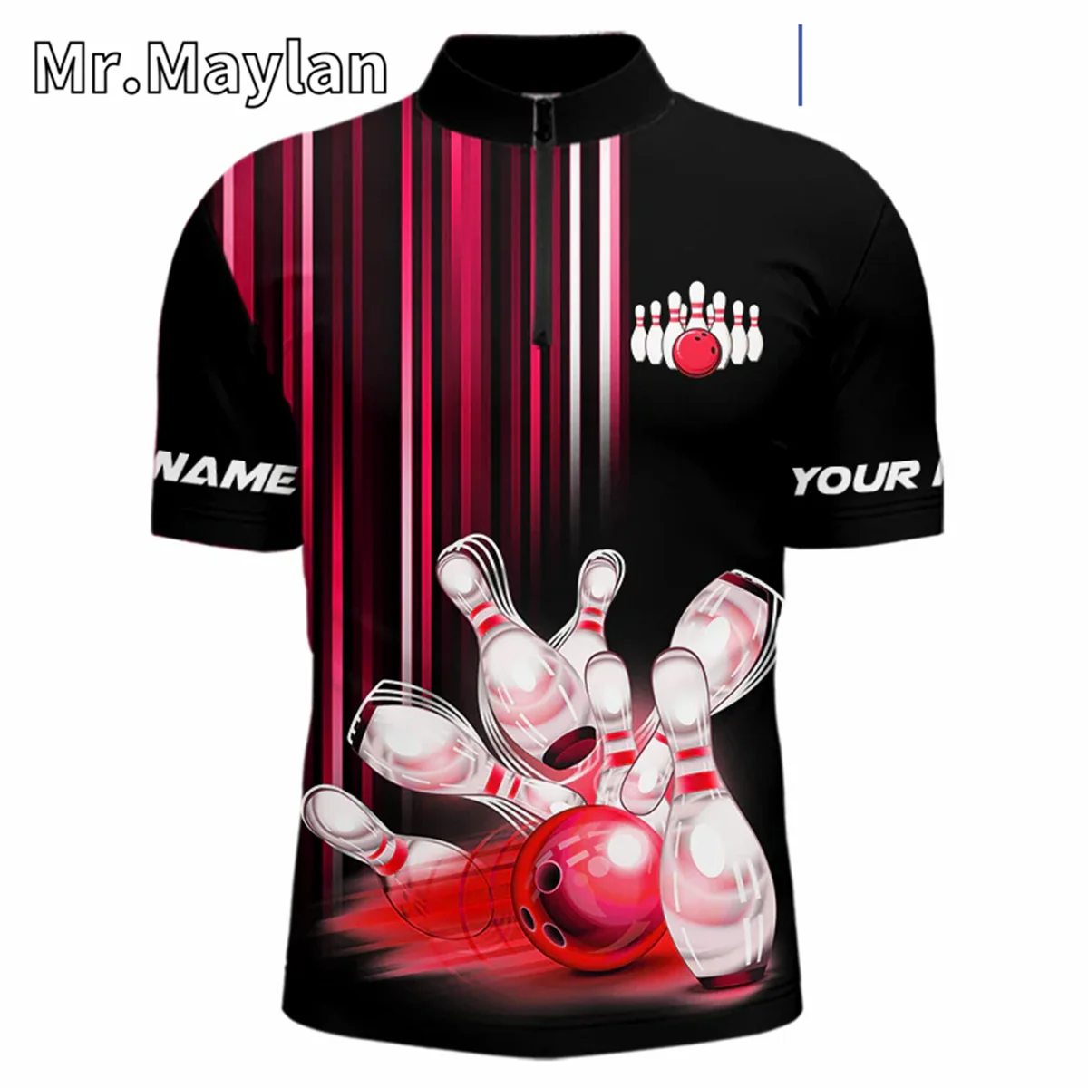 3D черный и красный свет, мужская рубашка-поло для боулинга с застежкой-молнией на заказ, трикотажные изделия для боулинга с мячом и булавками, подарок для любителей боулинга 3D черный и красный свет, мужская рубашка-поло для боулинга с застежкой-молнией на заказ, трикотажные изделия для боулинга с мячом и булавками, подарок для любителей боулинга