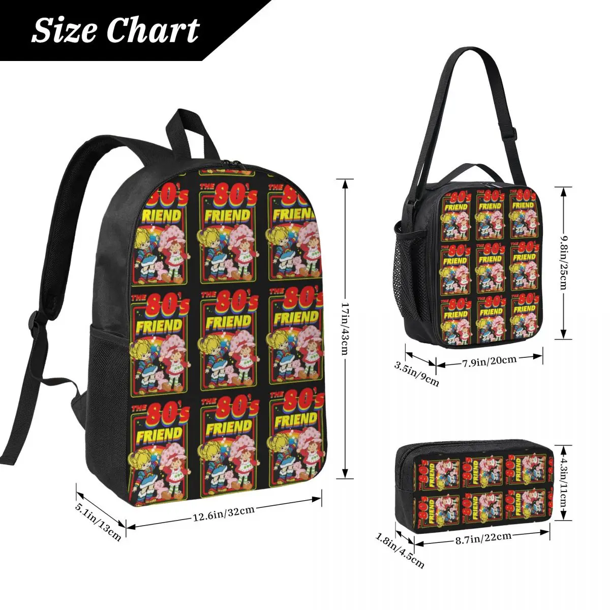 Rainbow Brite The 80s Friend For Christmas Backpack Boy Girl BookBag School Bag Shoulder Bag 3ps Insulated Lunch Bag Pencil Case