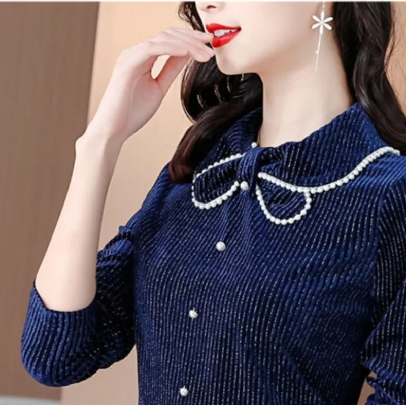 Autumn and Winter Women's Pullover Bow Slim Lapel Long Sleeve Button Striped Stripe Solid Elegant Fashion Casual Commuter Tops