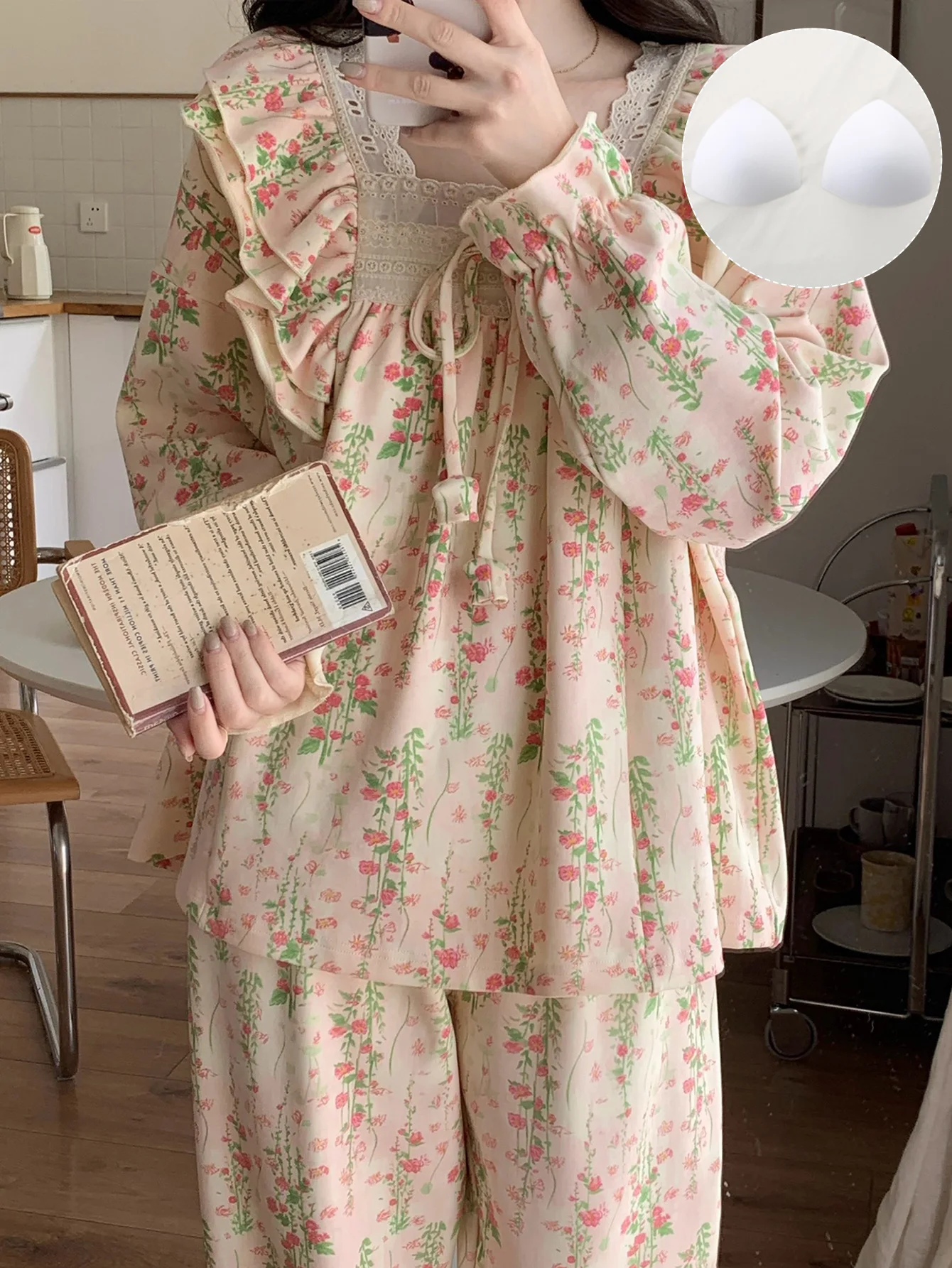 

Ladies' Spring and Autumn Square Collar Lace Edge Bow Strap Flower Printed Long sleeved Pants Nightwear 2025 New Large Home Clot