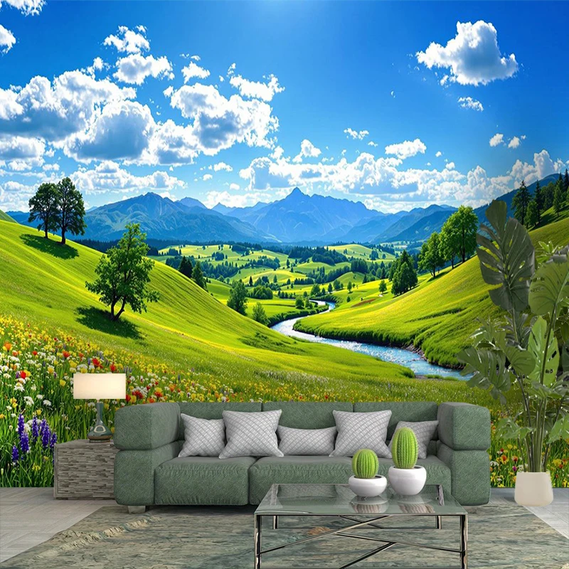 1PC Green Hill River Mountain View Print Backdrop Banner, Bedroom Living Room Photo Background, Polyester, Home Decor, Wall Art