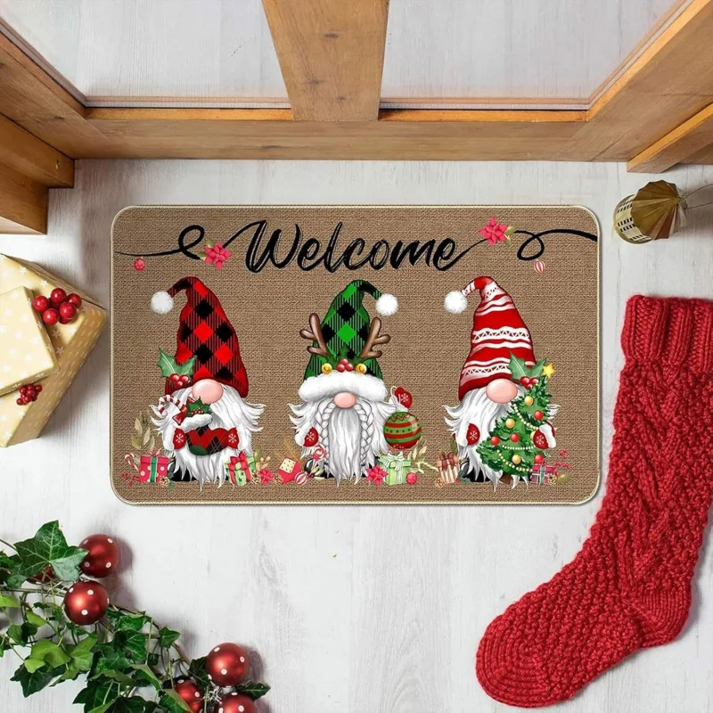 VIKAMA Christmas Gnome Welcome Doormat Buffalo Plaid Faceless Gnome Anti‑Slip Entrance Floor Mat Xmas Holiday Home Decor