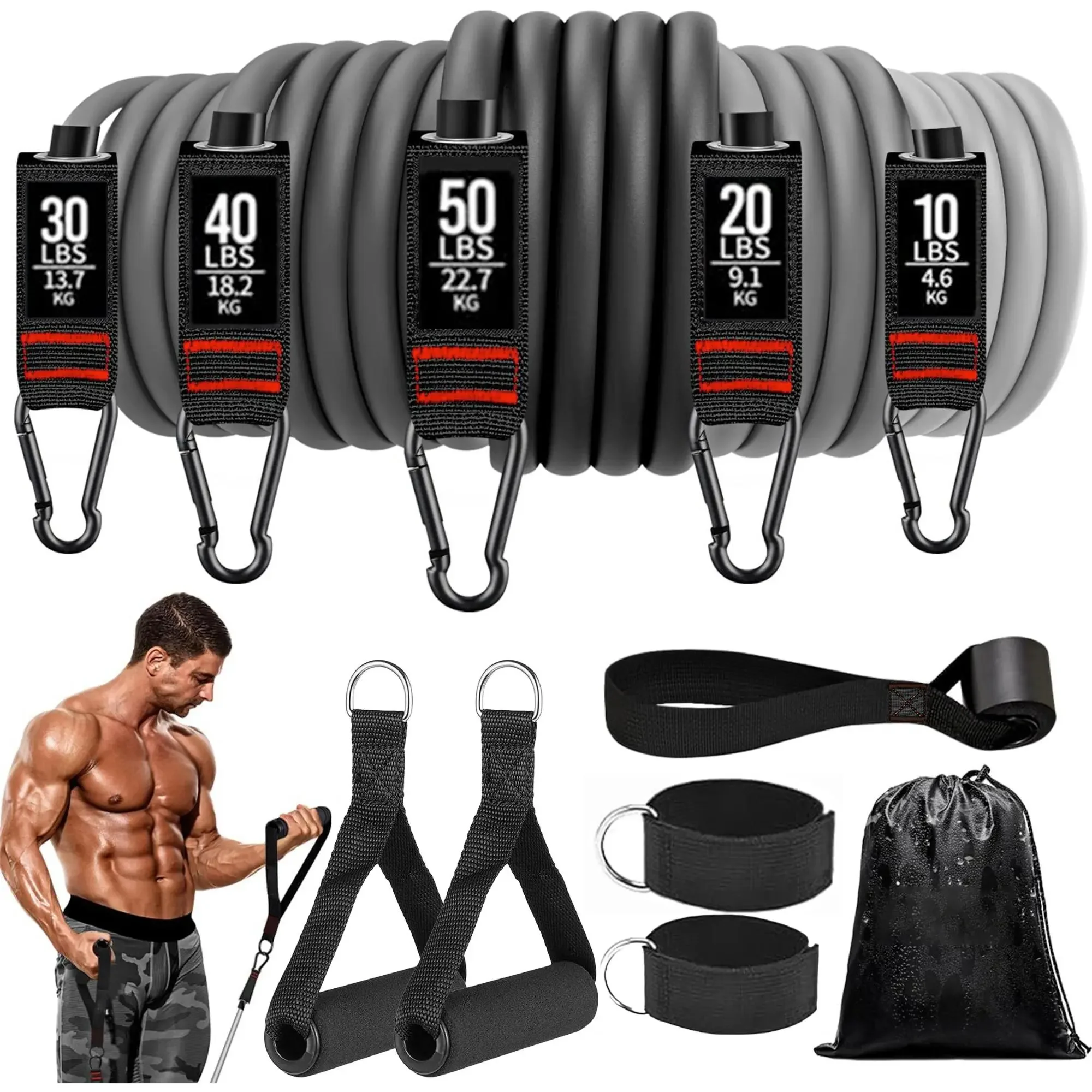 11PC Resistance Band Set with Door Anchor Ankle Strap Handles Elastic Exercise Bands for Home Workout Yoga Pilates Strength Training Men Women