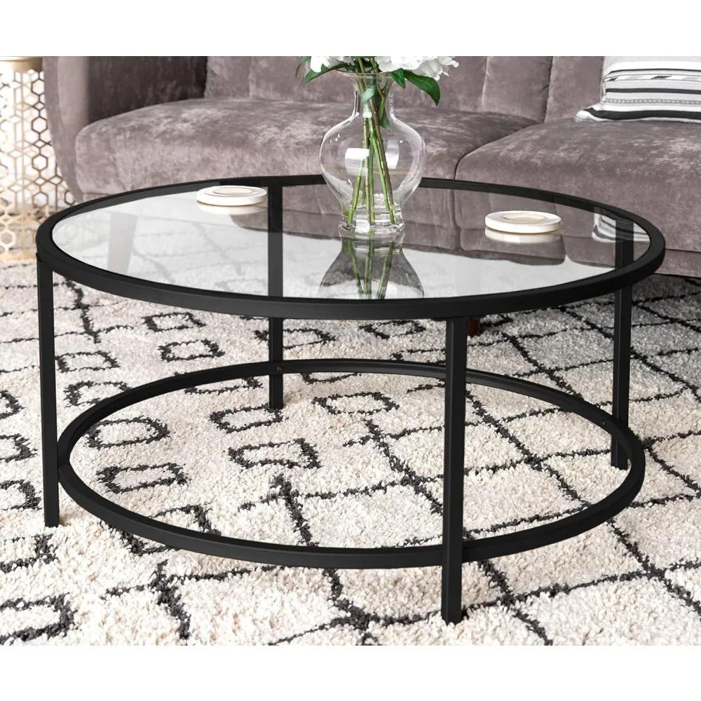 

36" modern round tempered glass-edged coffee table with home décor with metal frame and injurious toe cap，36 L x 36 W x 17 H in