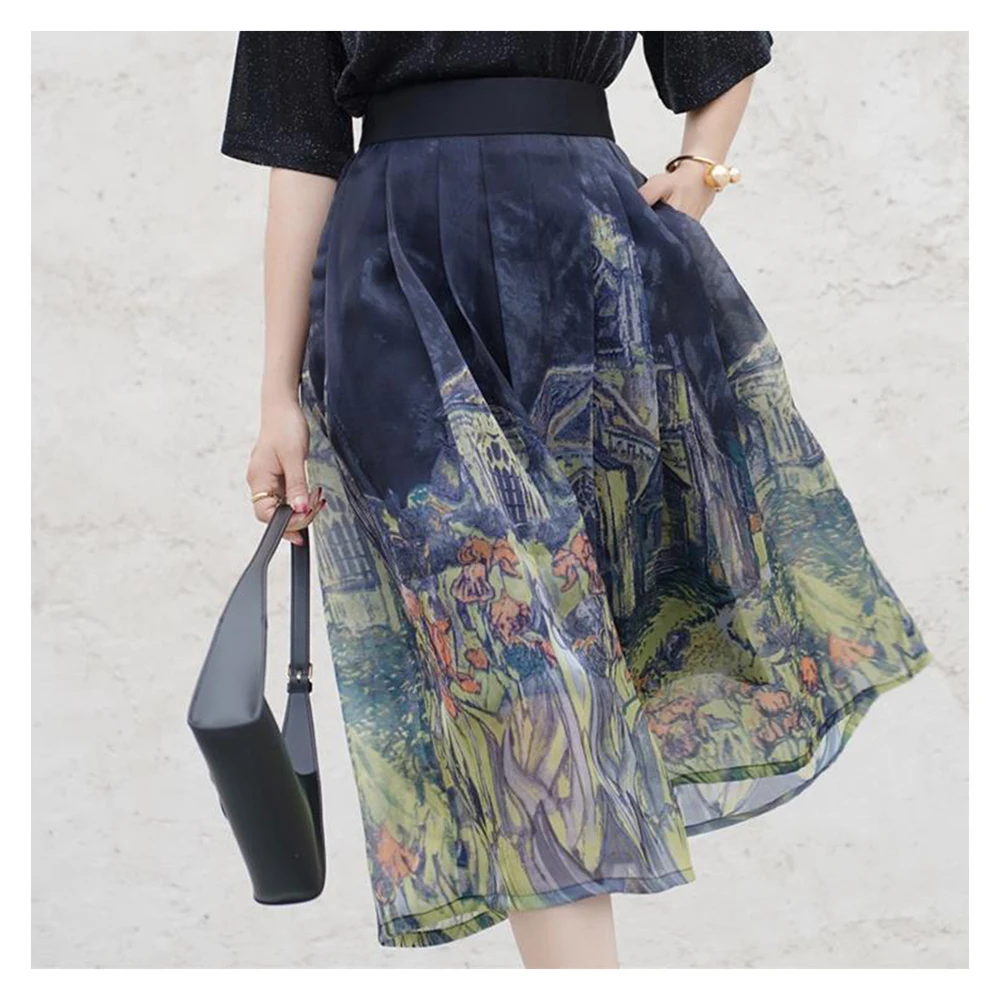 Retro Hepburn style puffy skirt 2024 spring new high waist slimming oil painting half skirt big swing A-line skirt