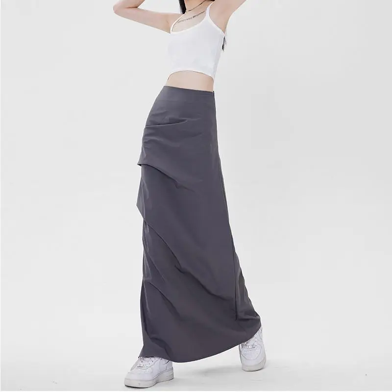 Elegant Skirt Women Spring Summer Slim Side Slit Pleated Mid-length Hip Skirt Y2k Vintage Fashion Bottoms Female Clothes