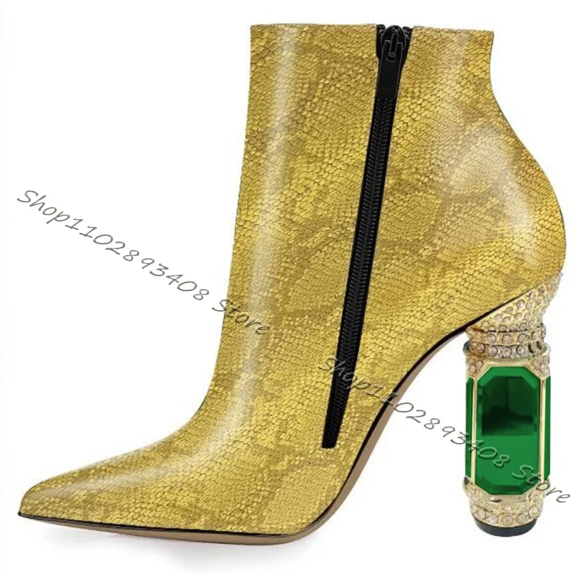 Yellow Snakeskin Crystal Heels Ankle Boots Pointed Toe Retro Style Side Zipper Party Boots for Women Shoes Zapatos Para Mujere