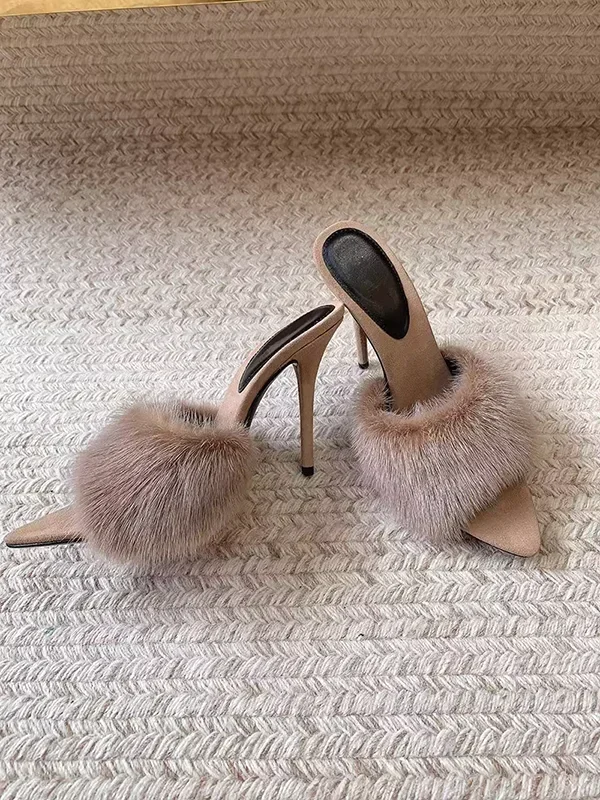 Genuine leather fur, mink fur, high set thin heels, exposed toe sandals women's sexy one and a half drag fur, high heels sandals