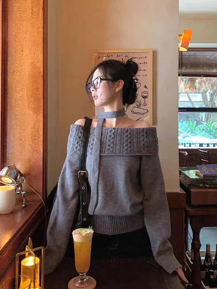 

Sexy Slash Neck Women Knit Sweater Autumn Loose with Ribbon Casual Pullover Y2K Korean Chic Lazy Style Warm Female Jumper New