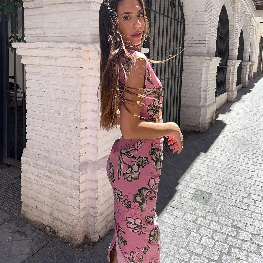 KONDALA 2026 Spring Summer Sexy Women Print Flower Dress Fashion Elegant O Neck Slim Hollow Out Pencil Dress Chic Party Dress