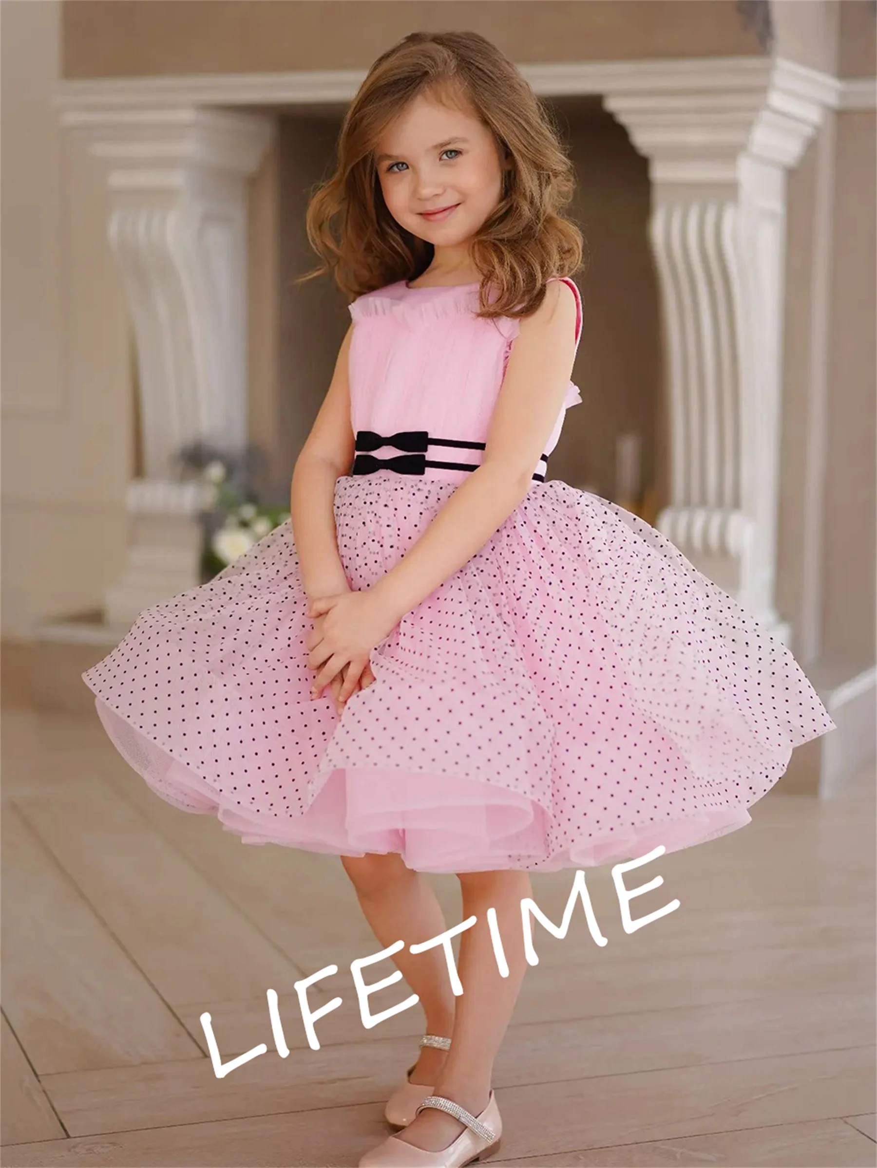 Pink Tulle Girl Dress Knee Length Princess Dres Flower Girl Dresses Cute Baby Girl Dress Girl Birthday Party Dresses