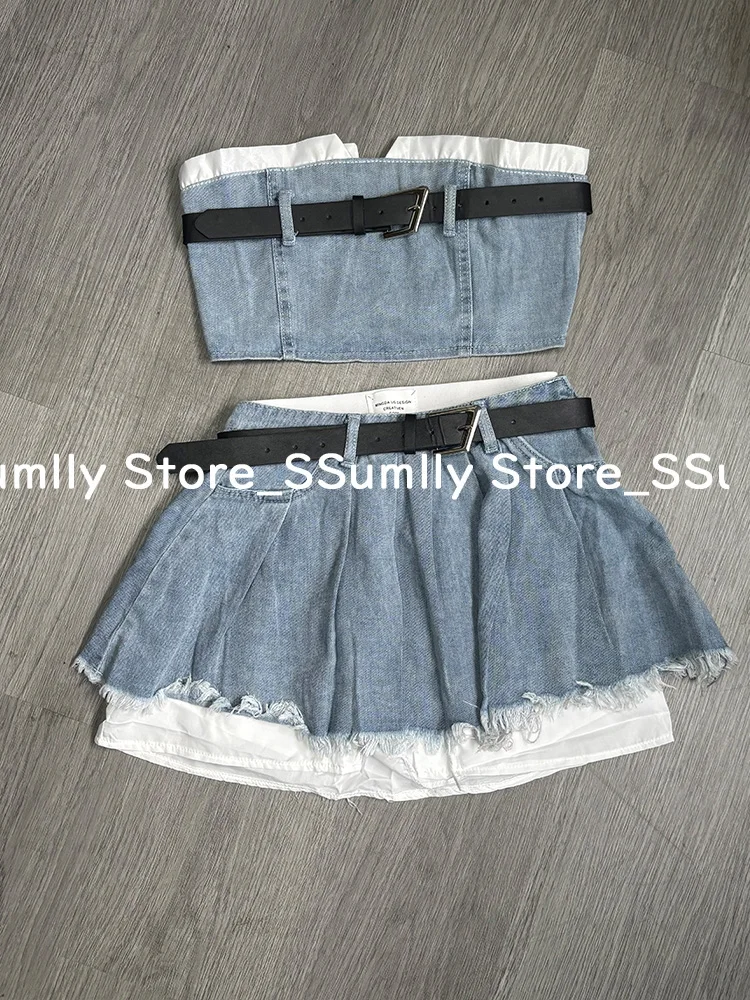 High Street Y2k moda due pezzi Set donna Retro Denim manica lunga gonne vestito stile coreano Chic Set gilet corto + minigonna