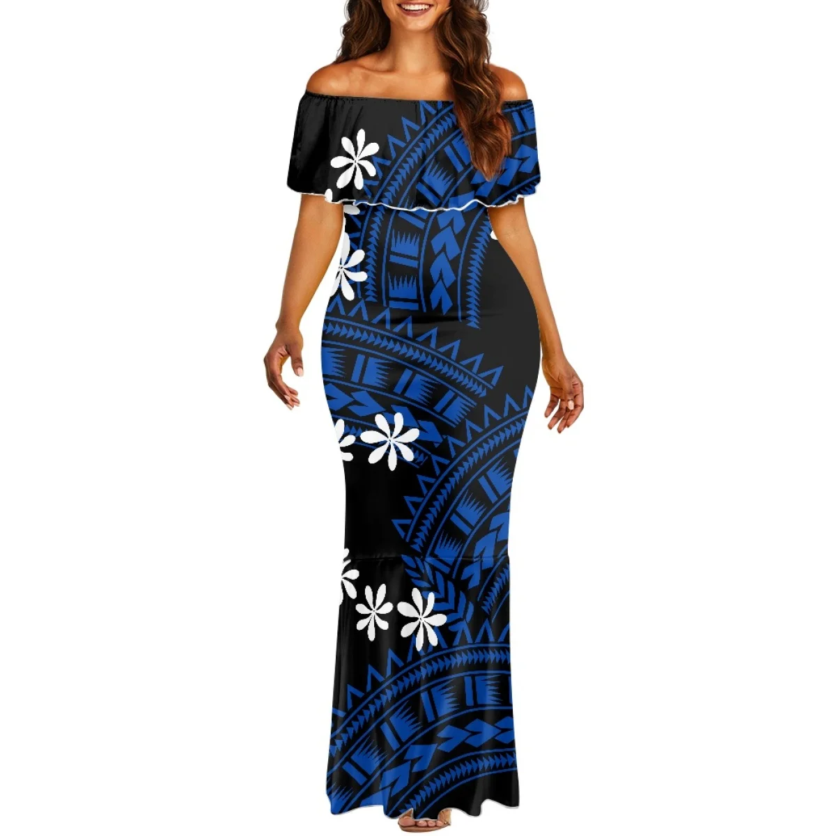 Abito da Festa con Arte Polinesiana, Vestito a Sirena con Spalle Scoperte, Abito da Sera Aderente con Tatuaggi Tribali Personalizzati