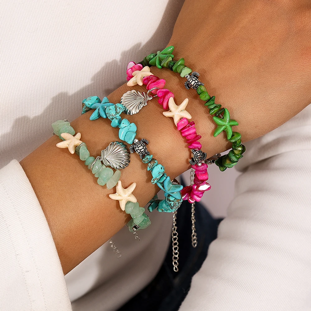 צמיד בוהמי עם צדפות וכוכב ים לנשים, צב ים עם אבנים בלתי סדירות, צמיד ידני לידידות בחוף הים ותכשיטים לחופשה