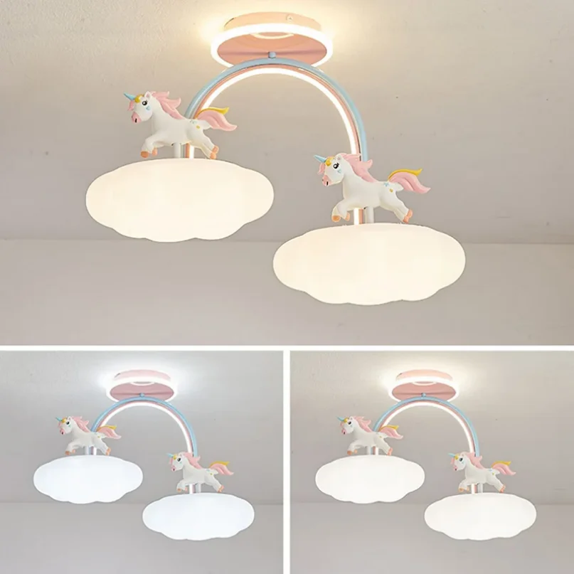 Cartoon Unicorn Light Children\'s Room Ceiling Lamp with Remote Control Cloud Princess Room Pink Chandelier Light Full Spectrum