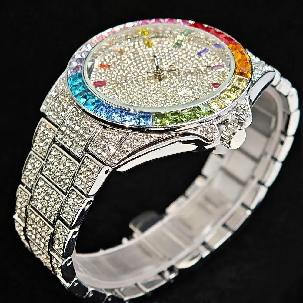 Luxury Ice Out Watches Men Fashion Brand UNIGUET Hip Hop Rainbow Diamond Round Quartz Wrist Watch Mans Gift Dropshipping
