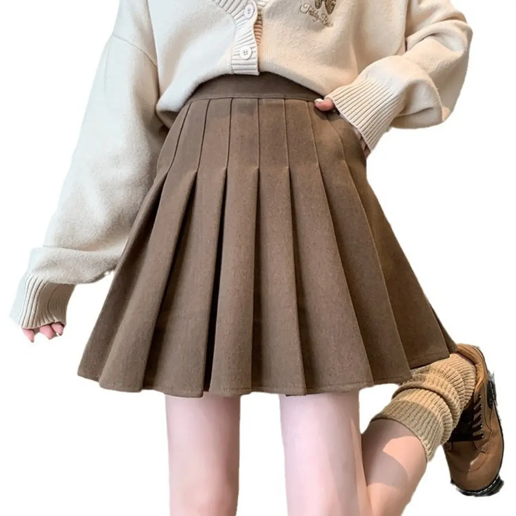 

Women's Pocket Style Woolen Skirt High Waist Thickened Korean Preppy A-Line Pleated Slimming Look for Autumn Winter Large Size