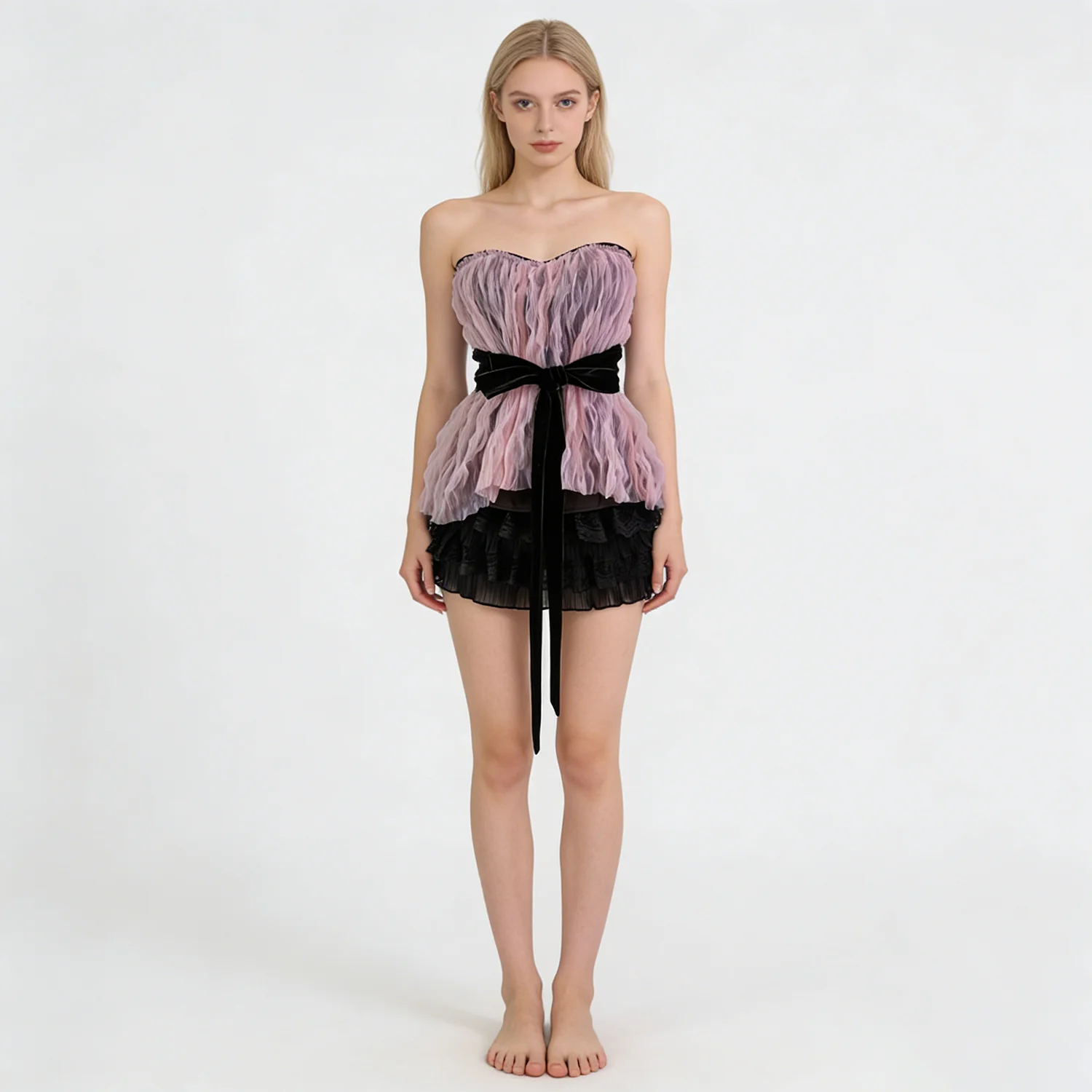 

Nova Women's Strapless Textured Tulle Top Velvet Belt Ruffle Hem Sweetheart Neck Party Blouse