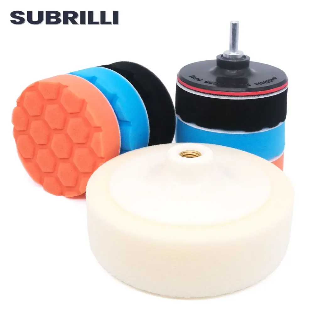 SUBRILLI-cera de 4/6 pulgadas para disco de pulido de coche, Kit de almohadillas de esponja de espuma para rueda, disco de limpieza, adaptador de taladro pulidor de coche