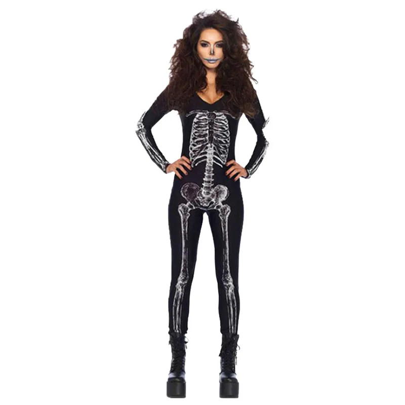 Halloween Skeleton Jumpsuit Cosplay Costume Women Carnival Party Scary Print Skull Zombie Ghost Bodysuit Role Playing