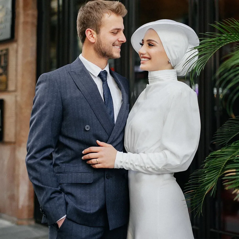 YCJ Мусульманские свадебные платья трапециевидной формы из атласа на пуговицах с драпировкой и высоким воротником по индивидуальному заказу, платье невесты со шлейфом robe de mariée