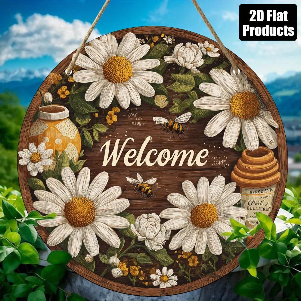 2D Flat, 1pc Rustic Wooden Welcome Sign with White Daisies & Bees - 8x8 Inch Round Wall Decor for Kitchen, Cafe, Home, Office -