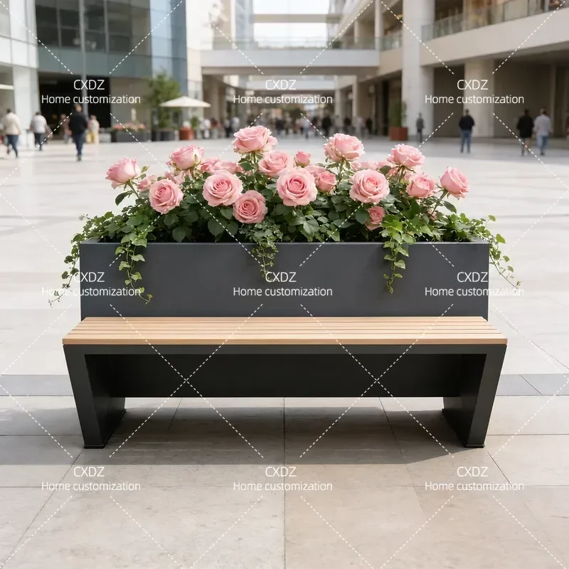 Outdoor Wrought Iron Flower Box Bench Square Commercial Leisure Seat Partition Planter Bed Seating Combination