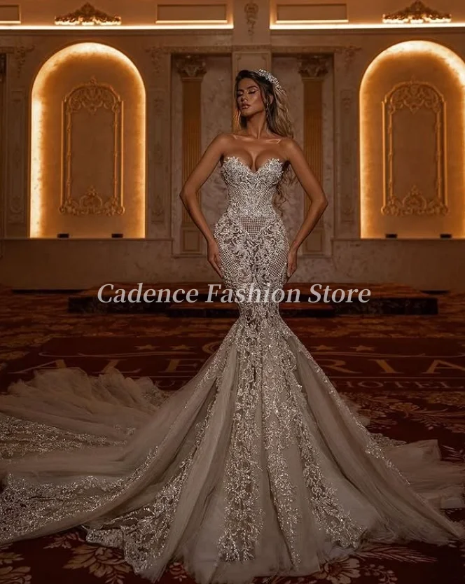 Сексуальные женские свадебные платья без бретелек с v-образным вырезом по индивидуальному заказу, роскошные свадебные платья русалки длиной до пола с кружевной аппликацией
