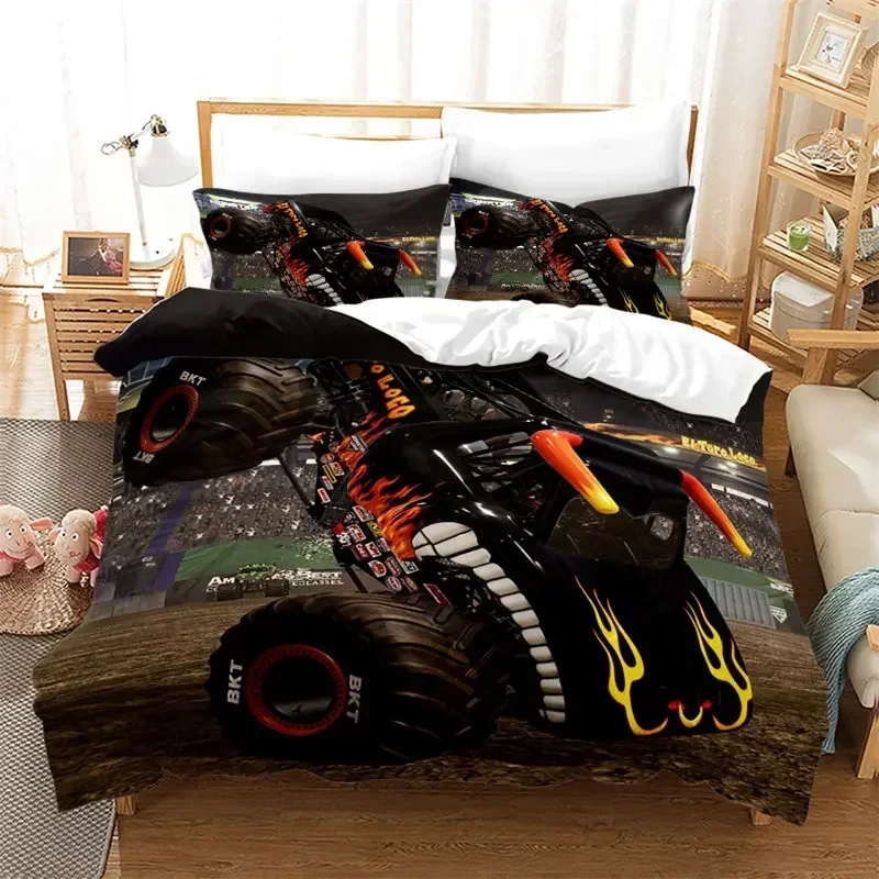 

Luxury New 3D Print Boys Cars Duvet Cover Cartoon Monster Truck Cool Vehicle Bedding Set Off Road Vehicle Locomotive King Full