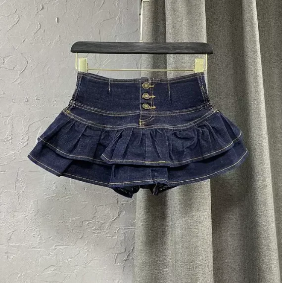 High Waist Single-Breasted Ruffles Cake Denim Skirt for Woman, 2026 Fashion Sexy Cute Mini Skirts, Black Blue