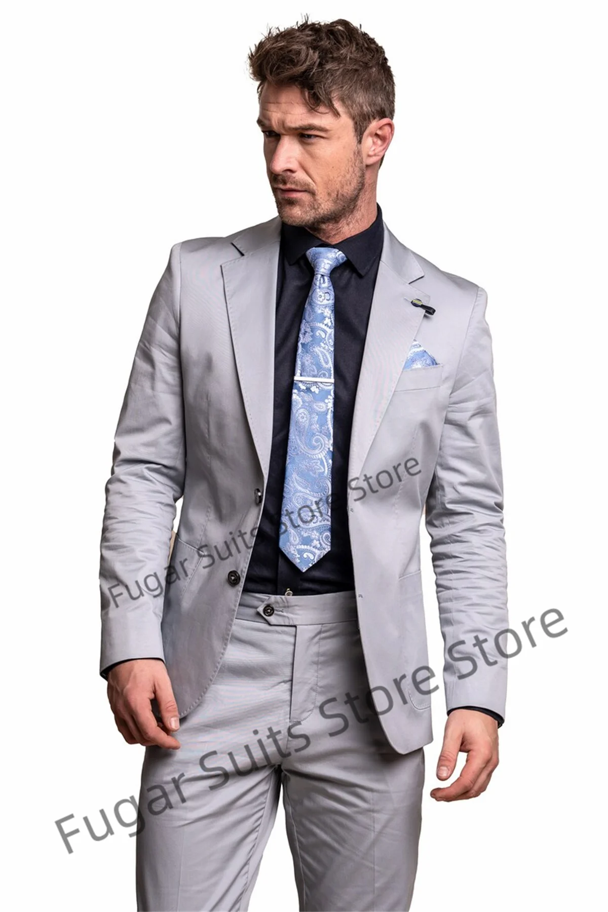 Fashion Silver Gray Formal Suits For Men Slim Fit Office Work Groom Tuxedos 2 Pieces Set Shiny Casual Male Blazer Costume Homme