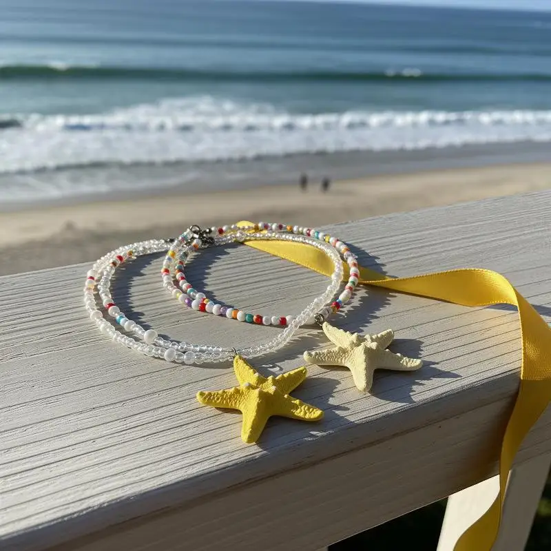 Cute Bohemian Starfish Necklace Beach Surfer Dopamine Bead Trendy Beach Necklace Splicing Colorful Summer Clavicle Chain Gift