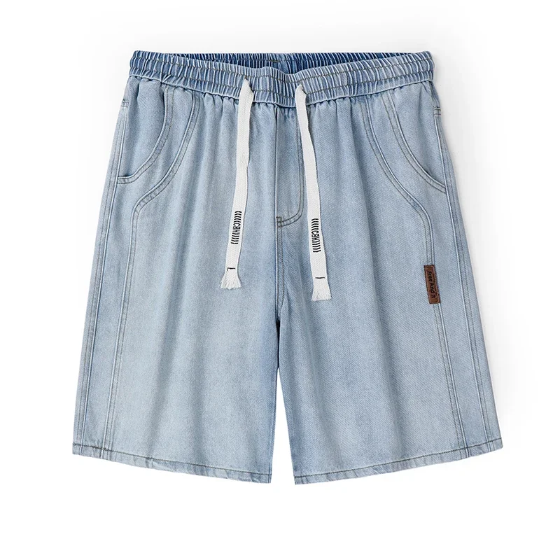 

Модные летние джинсовые шорты для мужчин, прямые свободные повседневные короткие джинсы с эластичной резинкой на талии, хлопковые дышащие шорты-бермуды