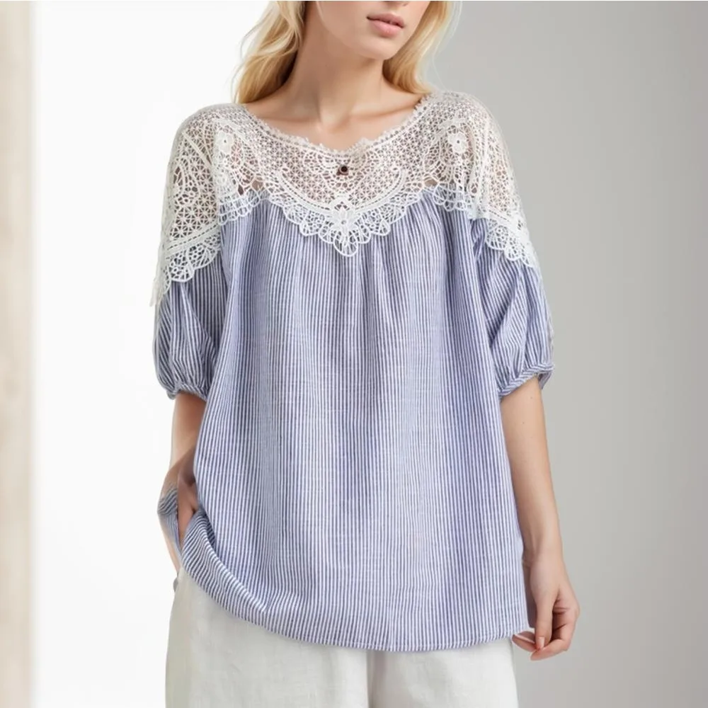 

2024 Summer Lace Blouse Casual Shirt Women Print Clothing Long Sleeve White Loose T-Shirt