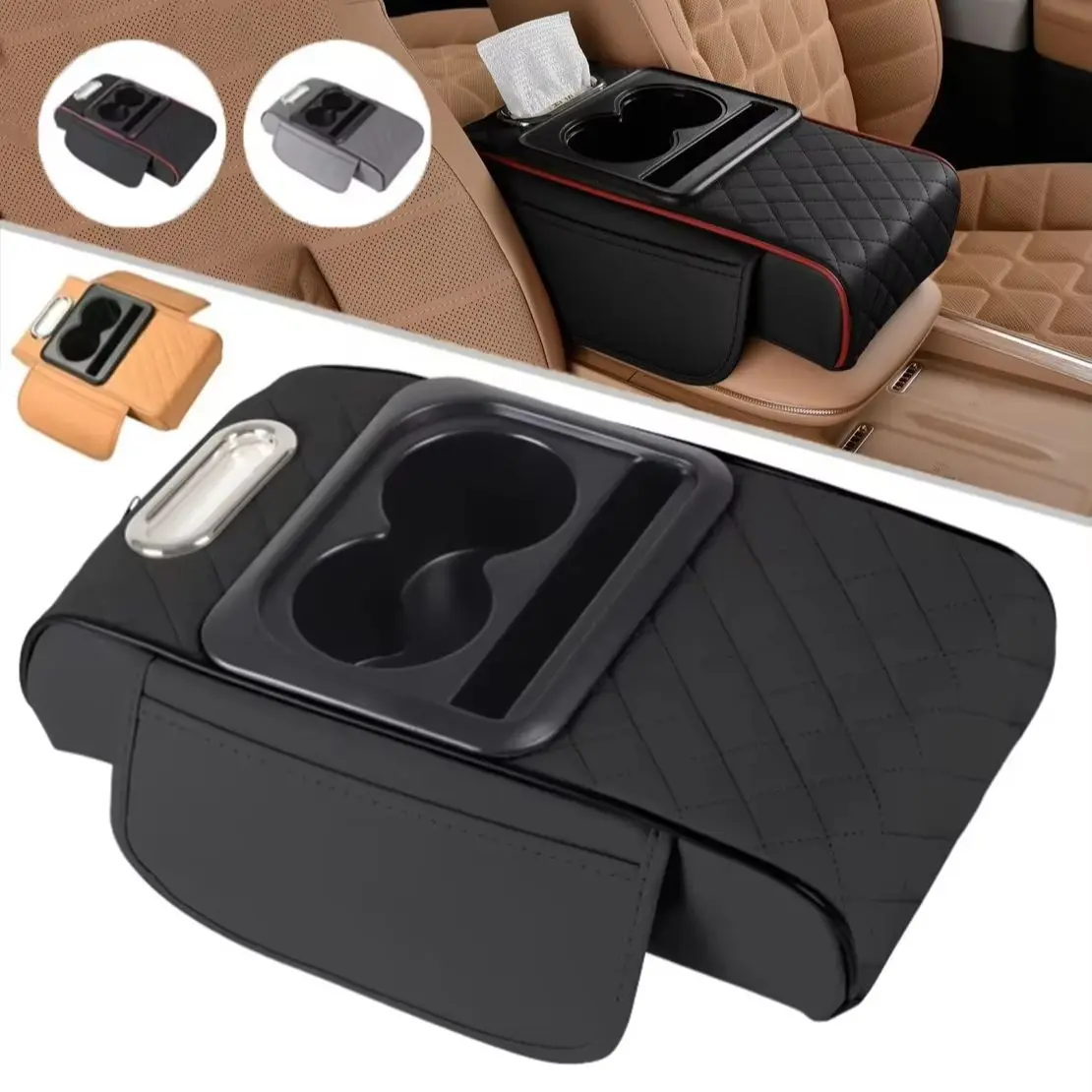 1PC PU Leather Armrest Pad with Cup Holder Tissue Box Car Center Console Height Increasing Armrest Cushion Car Armrest Pillow