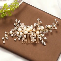 Trendy Gold Pearl Crystal Tiara Wedding Hair Combs Hair Accessories for Bridal Headpiece Women Wedding Hair Jewelry Accessories