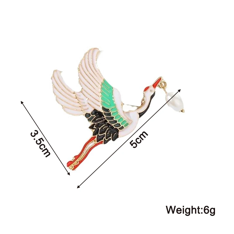 Flying Red-crowned Crane Metal Pins Brooches White Enamel Women's Clothing Brooch Pearl Pendants Luxury Brooches for Female