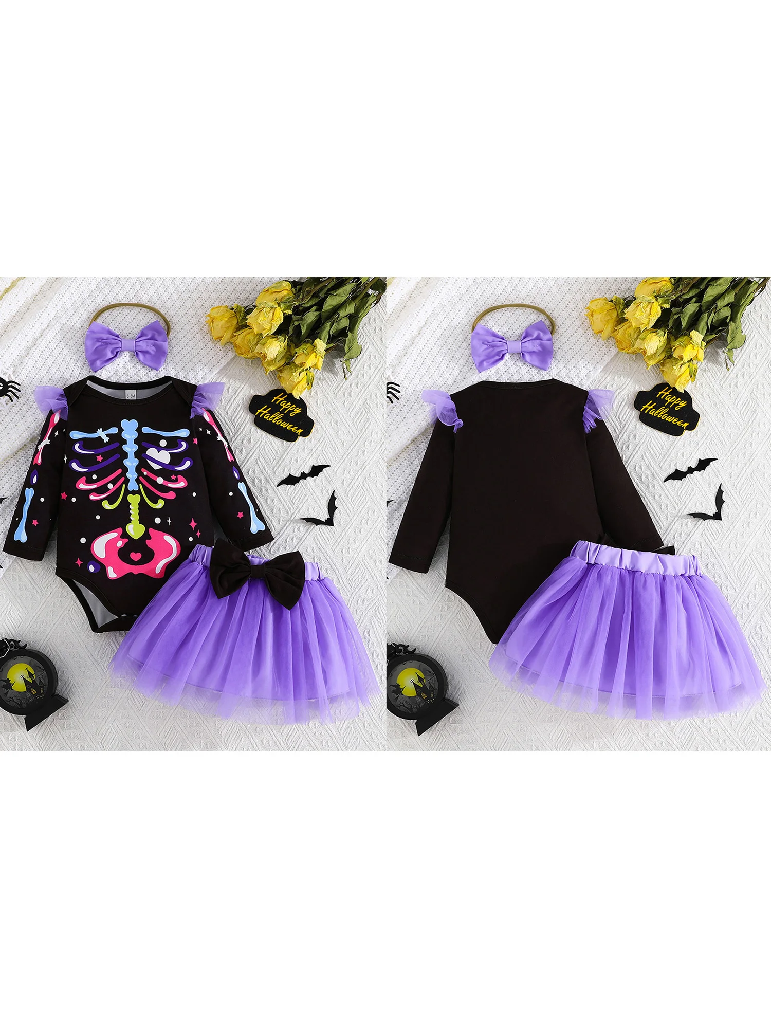 

Adorable Baby Girls Halloween Costume Set with Skeleton Print Romper Mesh Skirt and Headband - 3 Piece Outfit for a Spooky